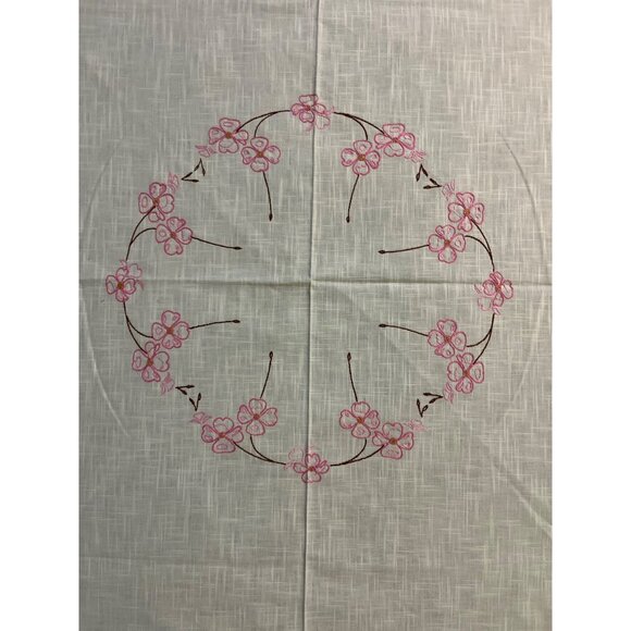 Vintage Handmade Round Tablecloth Used Cream with Pink and Brown - Picture 10 of 16